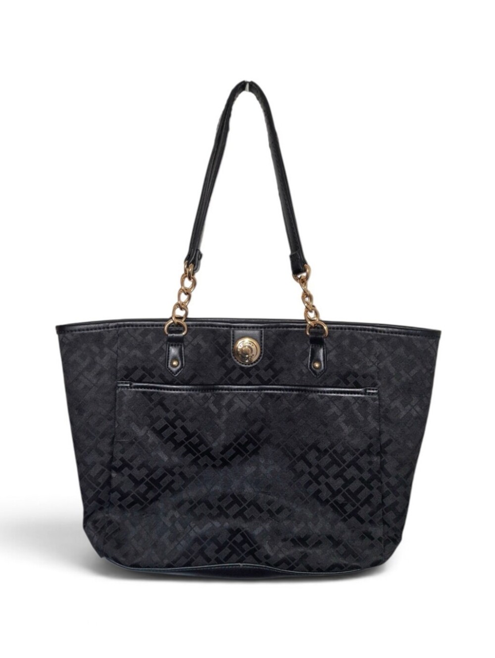 Tommy Hilfiger Black Logo Embossed Jacquard Tote with Chain Accents